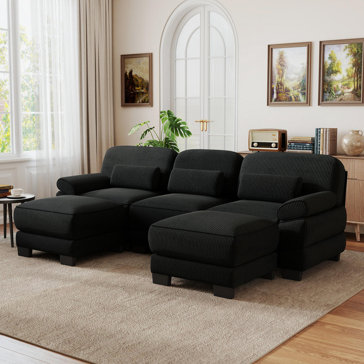 WOHNLANDSCHAFT 3-Sitzer U-Form mit 2 Hockern, DE-42659, Schwarz - Schwarz, Holz (265/94/161cm) - ComfortXL