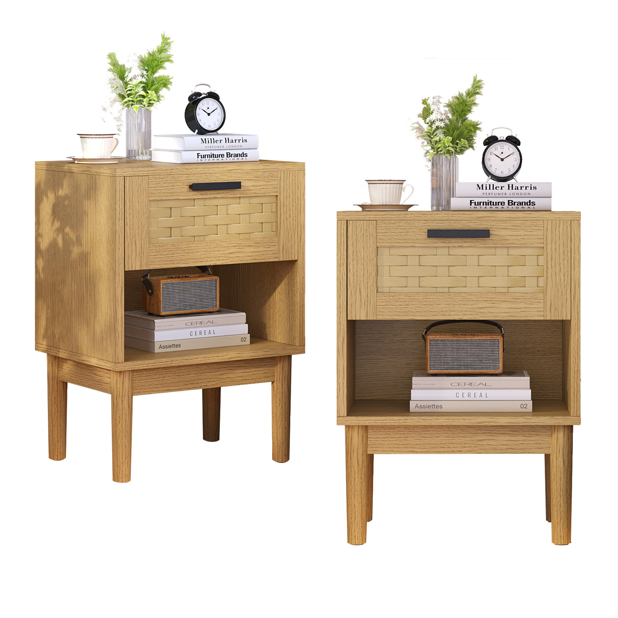 NACHTTISCH 2er Set Holz Rattan Schublade offenes Fach Eiche - Naturfarben, Holz (30/55/40cm) - LEBENLANG