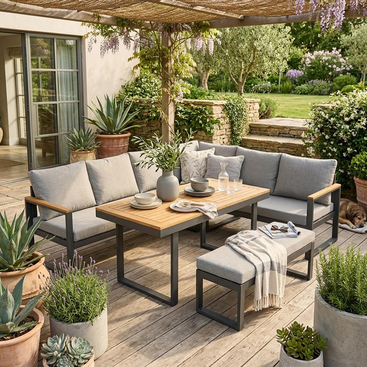 ECK-DININGSET Crawley (1x 3-sitzer Bank 187x65x71cm, 1x 3-sitzer Lounge mit Liegefunktion 187x65x71cm, 1x Tisch 140x70cm Tischplatte Akazie - Grau, Metall - TPFGarden