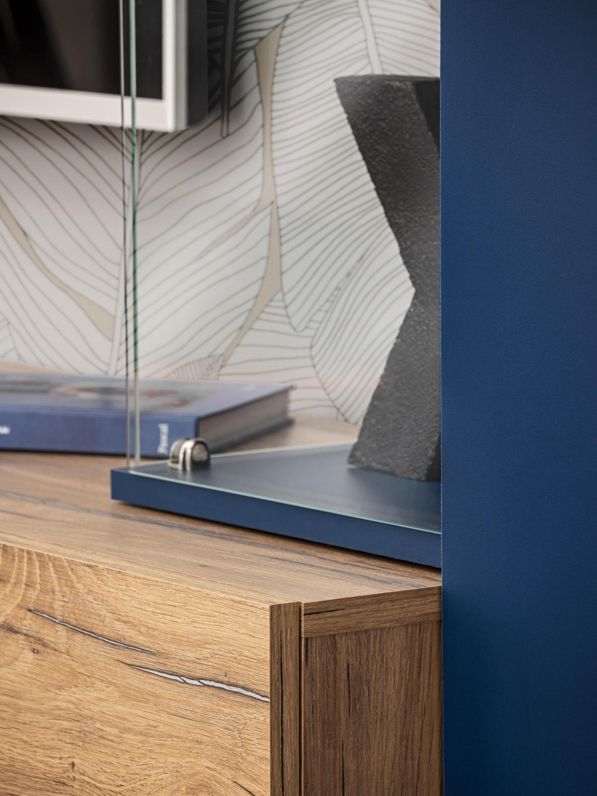 WOHNWAND Zinneiche, blau 210 cm, Schrankwand inklusive Beleuchtung - Blau/Eichefarben, Glas/Holzwerkstoff (210/162/40cm) - Furn.Design