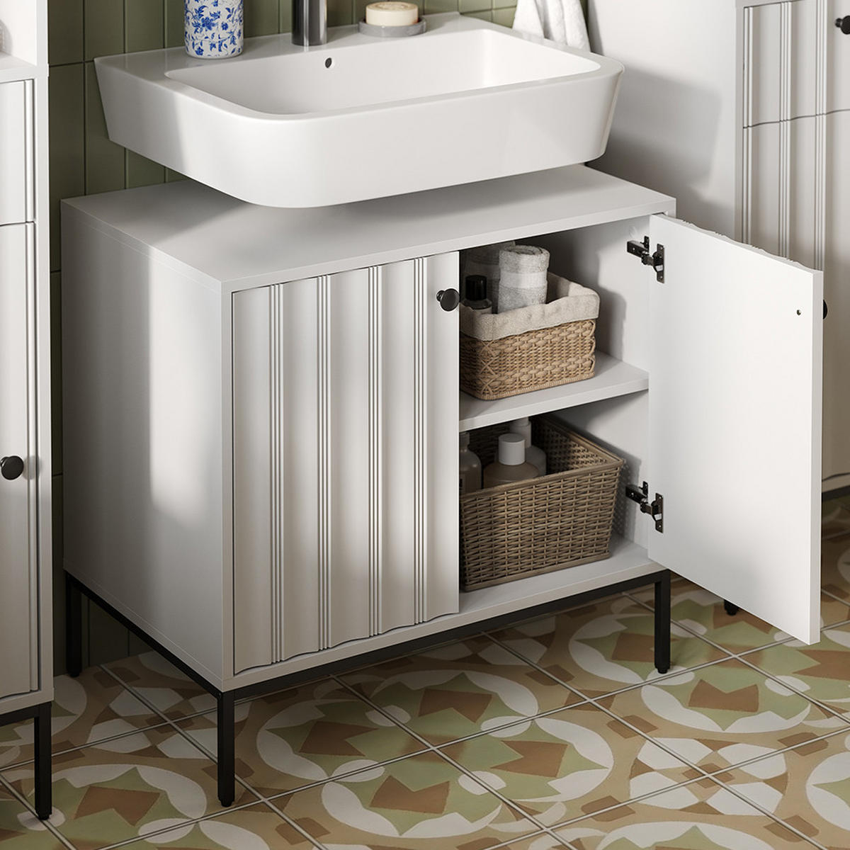 BADMÖBEL-SET Eliza Weiß Riffel 2 Teile - Weiß, Holzwerkstoff (70/63/45cm) - Vicco