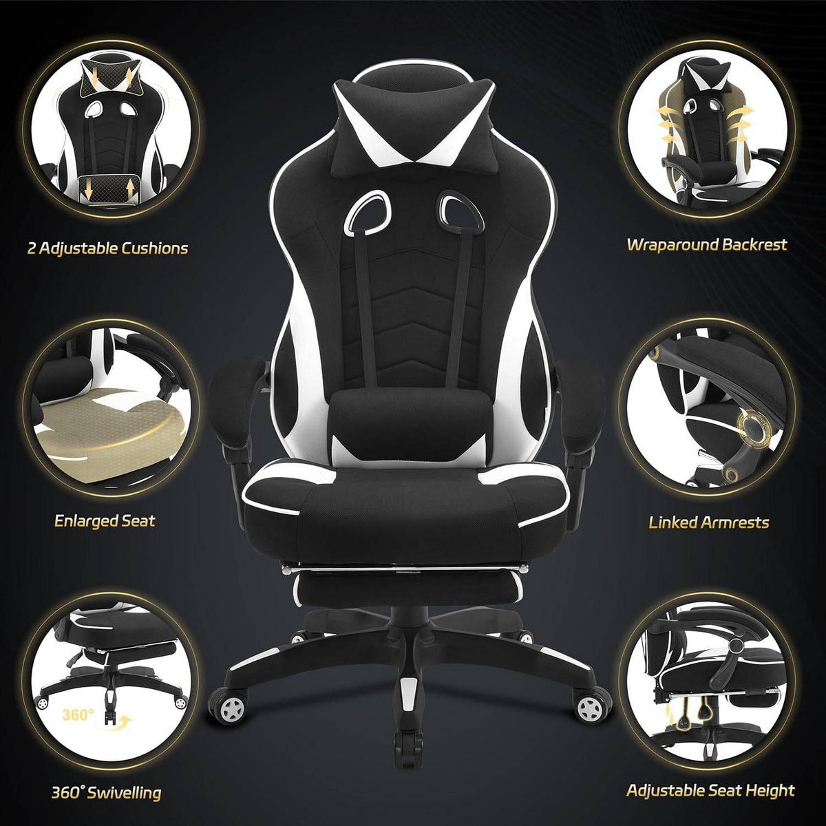 GAMINGSTUHL Stoff Stoff Kühl im Sommer Ergonomischer, 150 kg Belastbarkeit - Schwarz/Weiß, Kunststoff/Textil (70/128/70cm) - Woltu
