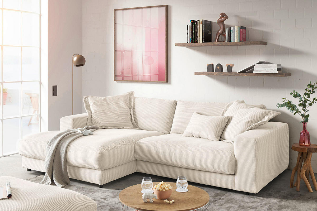 ECKSOFA MADELINE Cremeweiß Cord - Creme/Schwarz, Kunststoff/Textil (270/190cm) - KAWOLA