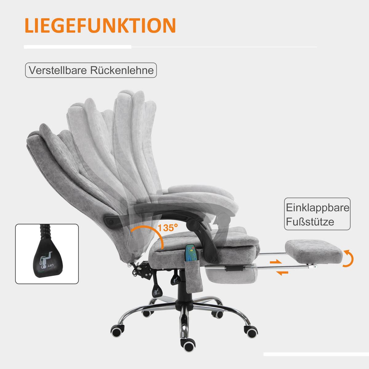 BÜROSTUHL Massagesessel Heizfunktion Liegefunktion Fußstütze Grau - Grau, Textil (67/113/62cm) - Vinsetto