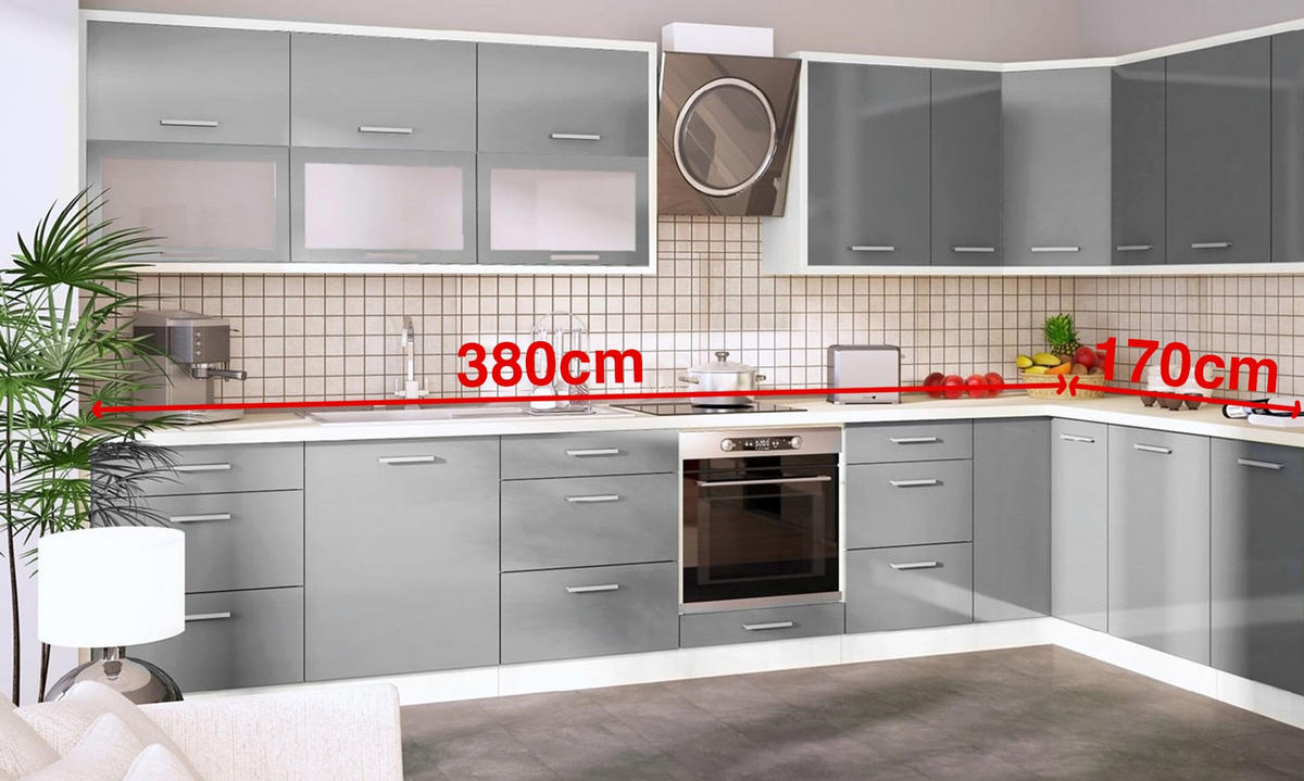 WINKELKÜCHE Brerra weiß / fenstergrau hochglanz 18-teilig - Weiß/Grau, Holzwerkstoff (380/207/170cm) - Feldmann-Wohnen