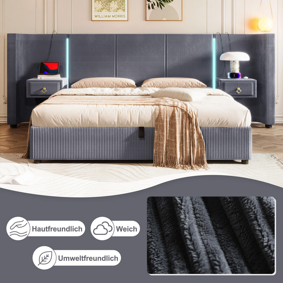 POLSTERBETT 180/200 cm grau mit LED-Leiste und hydraulischem Stauraum - Grau, Textil (180/200cm) - OKWISH