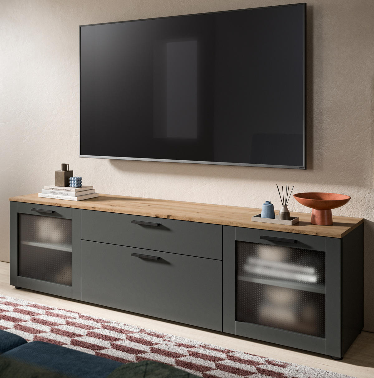 TV-LOWBOARD grau, Eiche 185 cm, TV-Unterteil mit Soft-Close - Schwarz/Eiche Artisan, Glas/Holzwerkstoff (185/52/40cm) - Inn.Furn