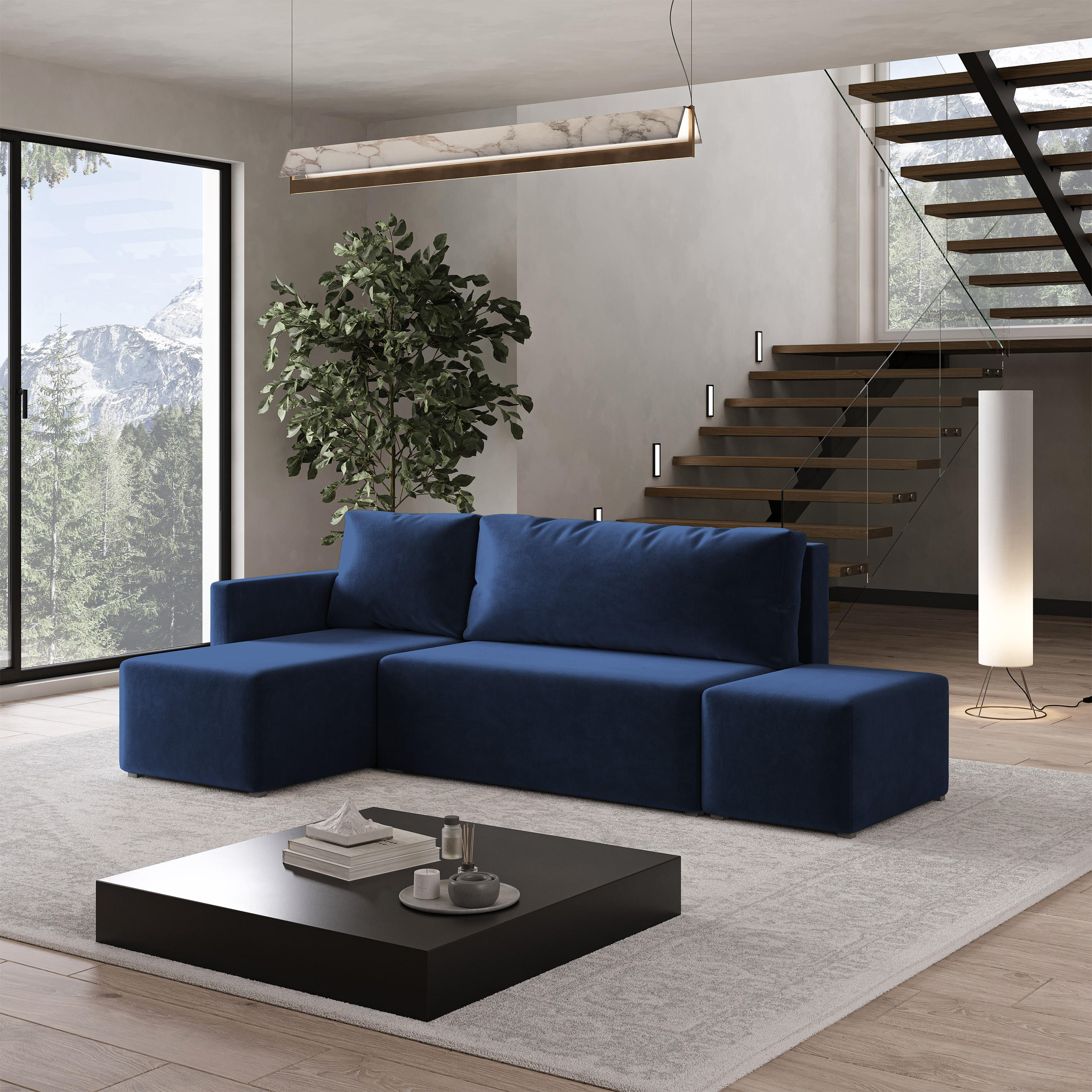 ECKSOFA VELOTTI L-S Blau Plüsch-Stoff mit Schlaffunktion - Blau, Holz (261/143cm) - MASSENO