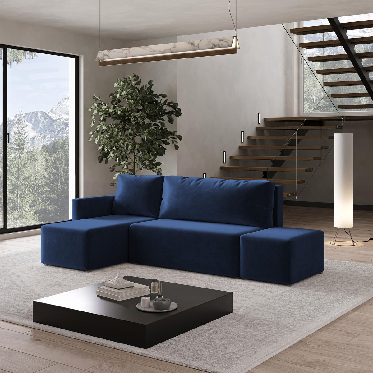 ECKSOFA VELOTTI L-S Blau Plüsch-Stoff mit Schlaffunktion - Blau, Holz (261/143cm) - MASSENO