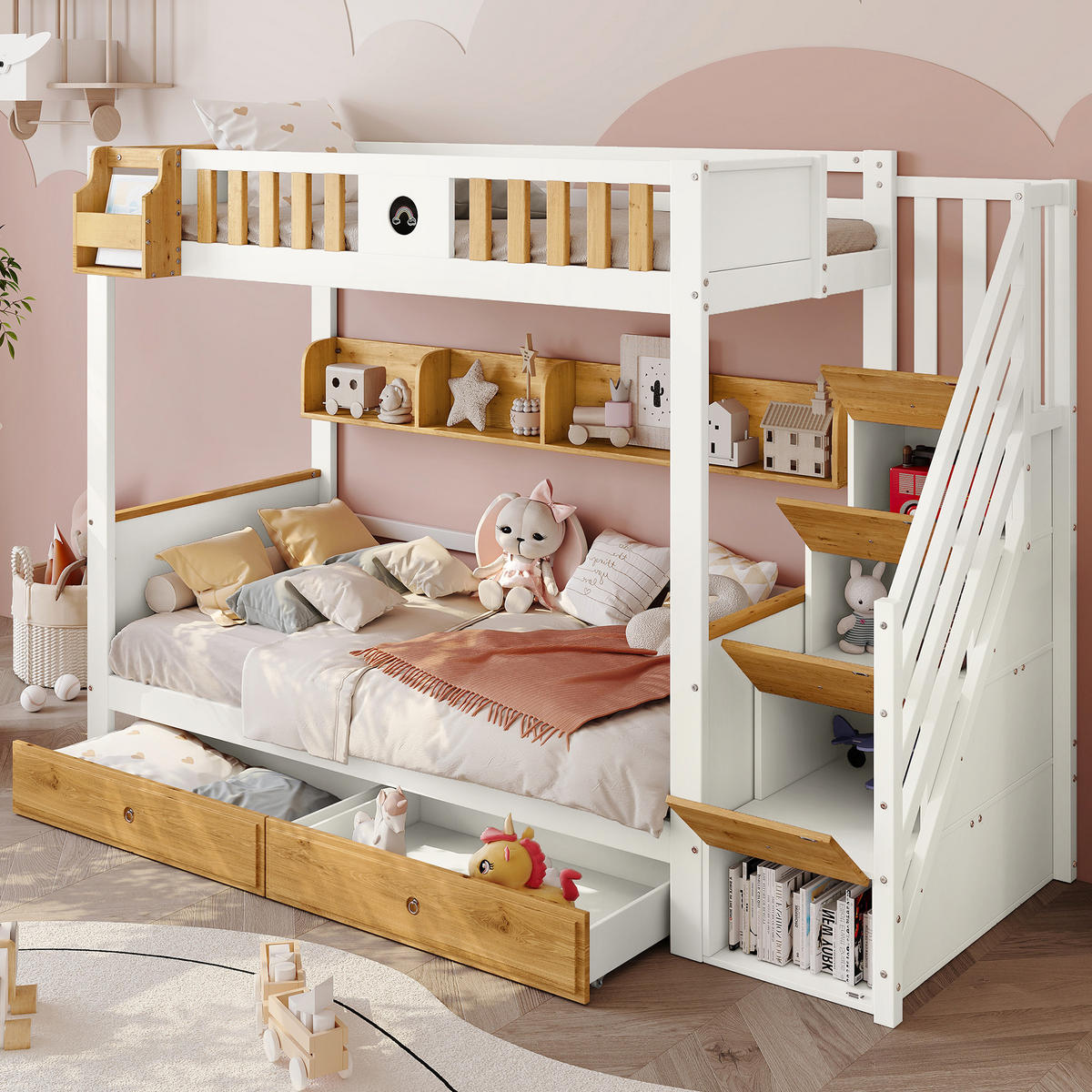 ETAGENBETT Etagenbett mit Treppe Weiß/Natur - Naturfarben, Holz (90/200cm) - ComfortXL