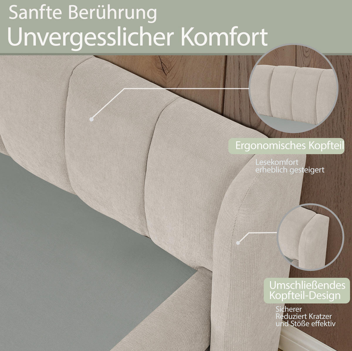 POLSTERBETT 90/200 cm mit ergonomischem Kopfteil und Chenillebezug, Beige - Beige, Kunststoff (90/200cm) - Redom