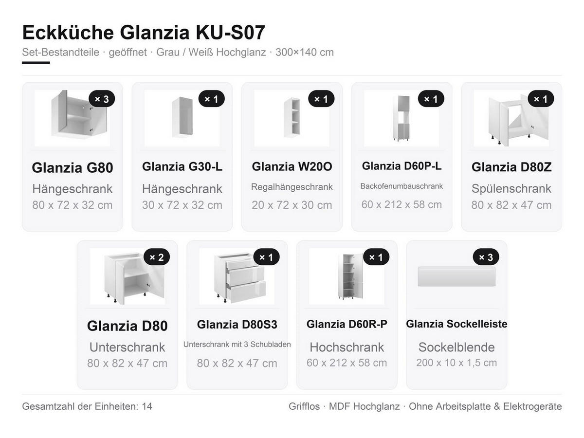 ECKKÜCHE 300x140 cm Glanzia – KU-S07 – Grau / Weiß – Hochglanz - Grau, Holzwerkstoff (300/212/140cm) - hi-markt