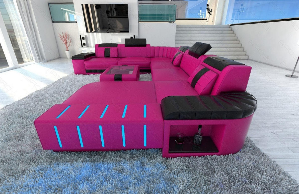 WOHNLANDSCHAFT Bellagio Pink Schwarz Kunstleder - Pink, Textil (362/80/287cm)
