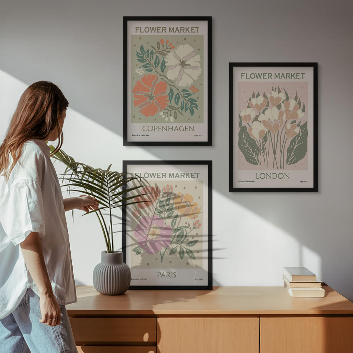 BILDER SET 3er Set - 40x60 cm Schwarzer Rahmen - Blumenposter Kopenhagen London Paris - Schwarz, Kunststoff (40/60cm) - TULUP