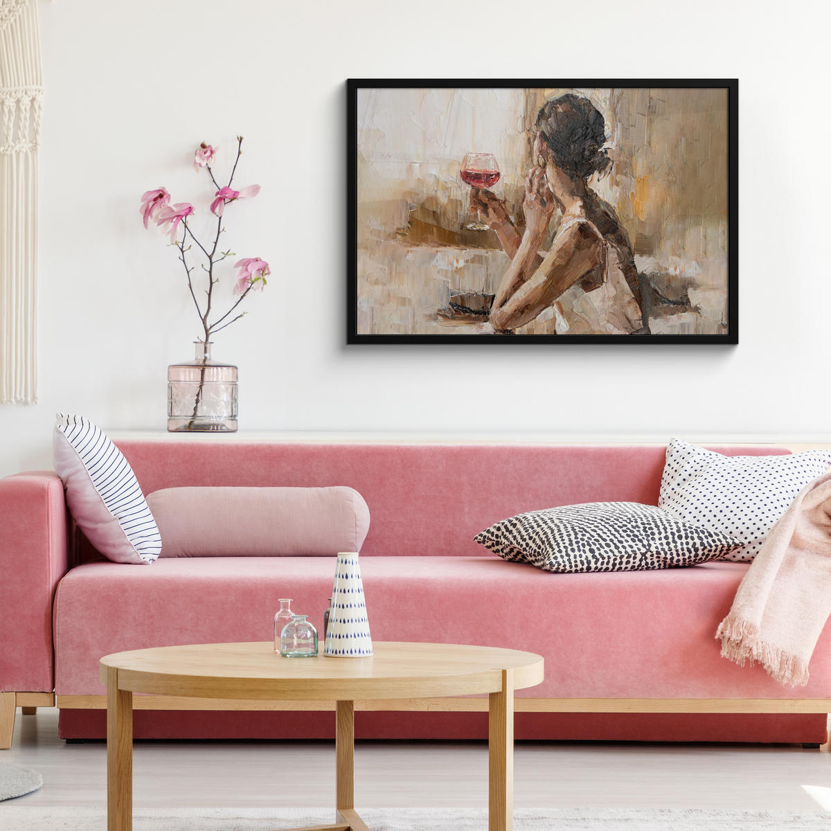 ZARÁMOVANÝ PLAGÁT Olejomaľba - Žena - Víno 90x60 cm - svetlohnedá, papier (90/60cm) - MuchoWow