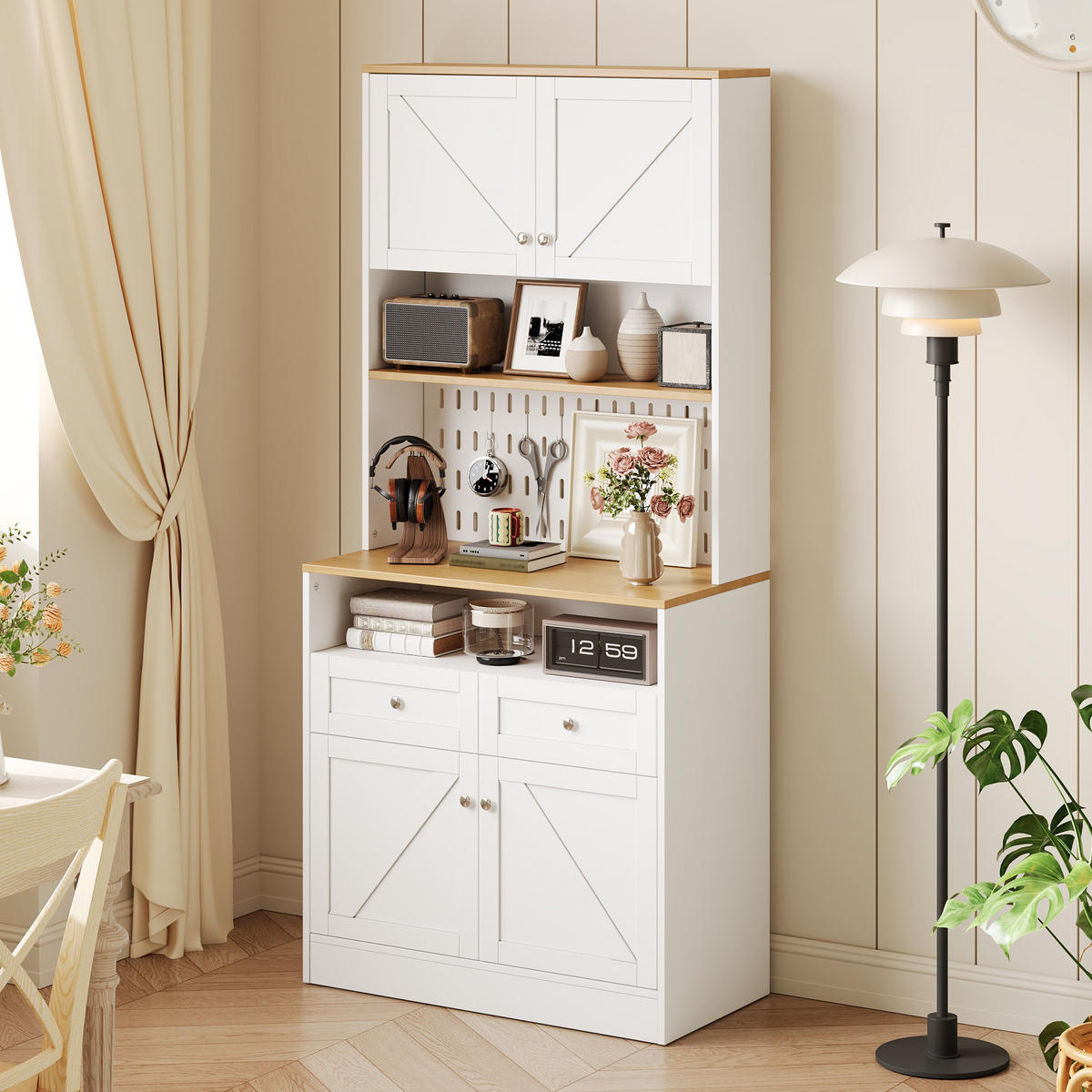 BUFFET DE-37565 80/40/175 cm mit Scheunentor und Lochwand Natur/Weiß - Weiß, Holzwerkstoff (80/175/40cm) - ComfortXL