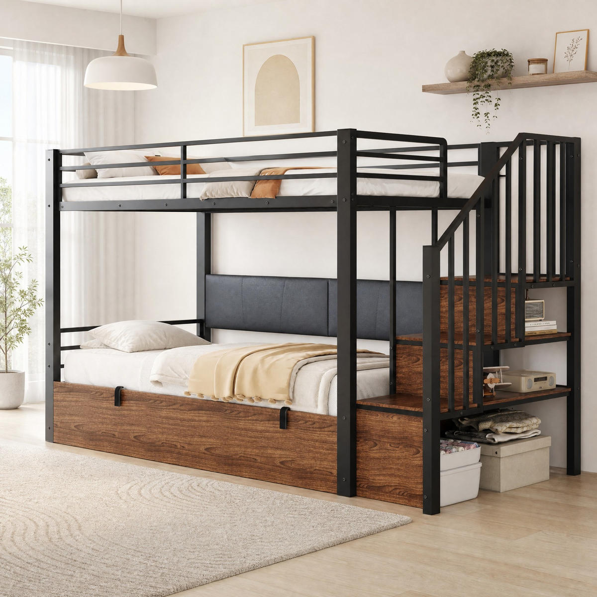 ETAGENBETT 90/200 mit Stauraum, PU-Rückenlehne und Sicherheitsgeländer in Schwarz - Schwarz, Holzwerkstoff (90/200cm) - EVRYAE