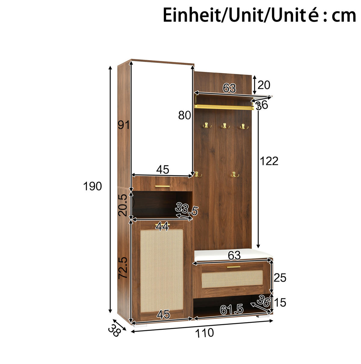 GARDEROBENSET 110/38/190 cm aus MDF und Spanplatte mit Spiegel und LED-Beleuchtung Walnuss/Weiß - Walnussfarben, Holzwerkstoff (38/190/110cm) - Modenvie