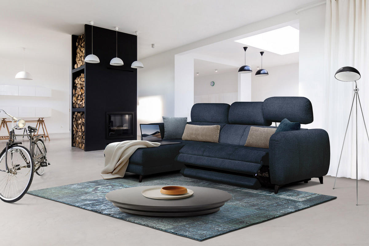 ECKSOFA SVEN 3-Sitzer, 1 Relax XL, verstellbare Kopfstützen, navy blue - Schwarz/Dunkelblau, Holzwerkstoff/Textil (256/163cm) - Courtois Laville