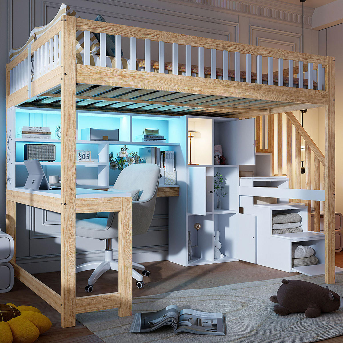 HOCHBETT 140/200 cm aus Kiefernholz und MDF mit LED-Beleuchtung, Ablageleiter, Regalen und Schreibtisch, Weiß/Natur - Weiß, Holz (140/200cm) - Redom