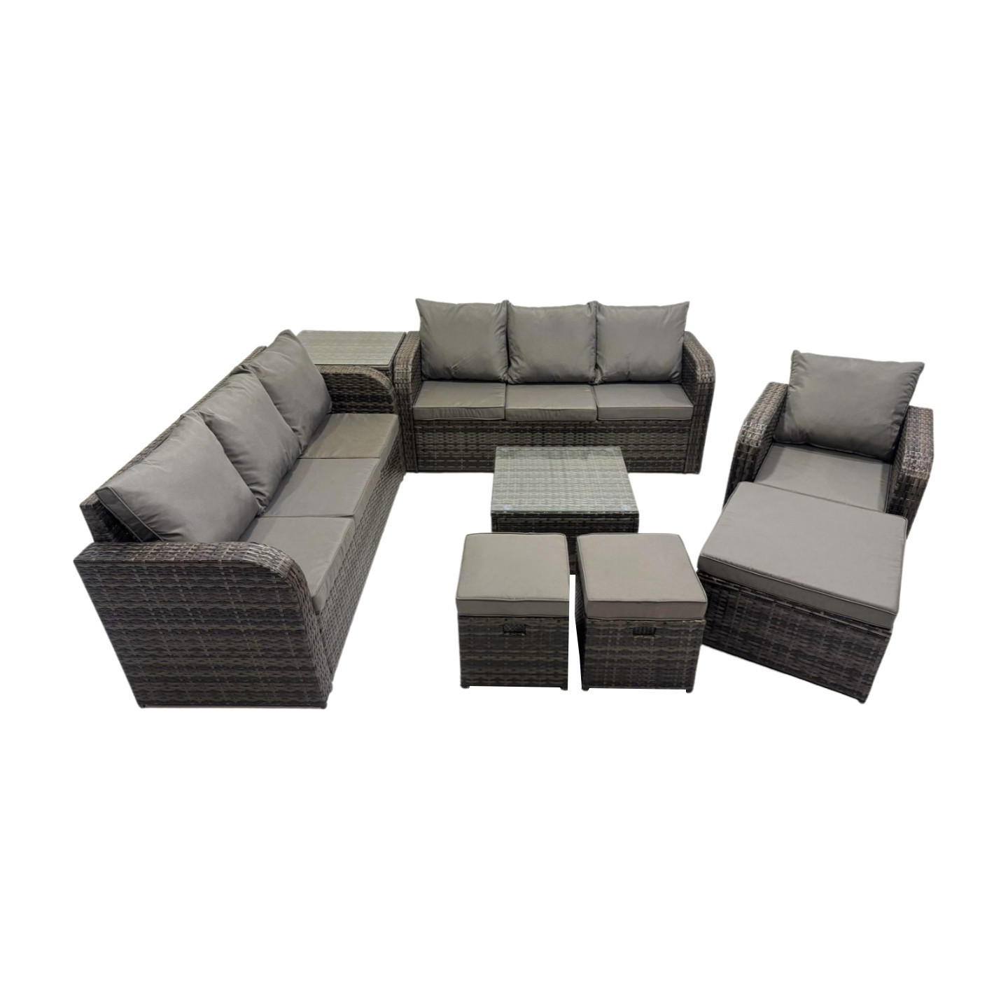 GARTENMÖBEL SET mit 3-SITZER SOFA Polyrattan Dunkelgrau 10-Sitzer - Dunkelgrau/Grau, Glas/Kunststoff - Fimous