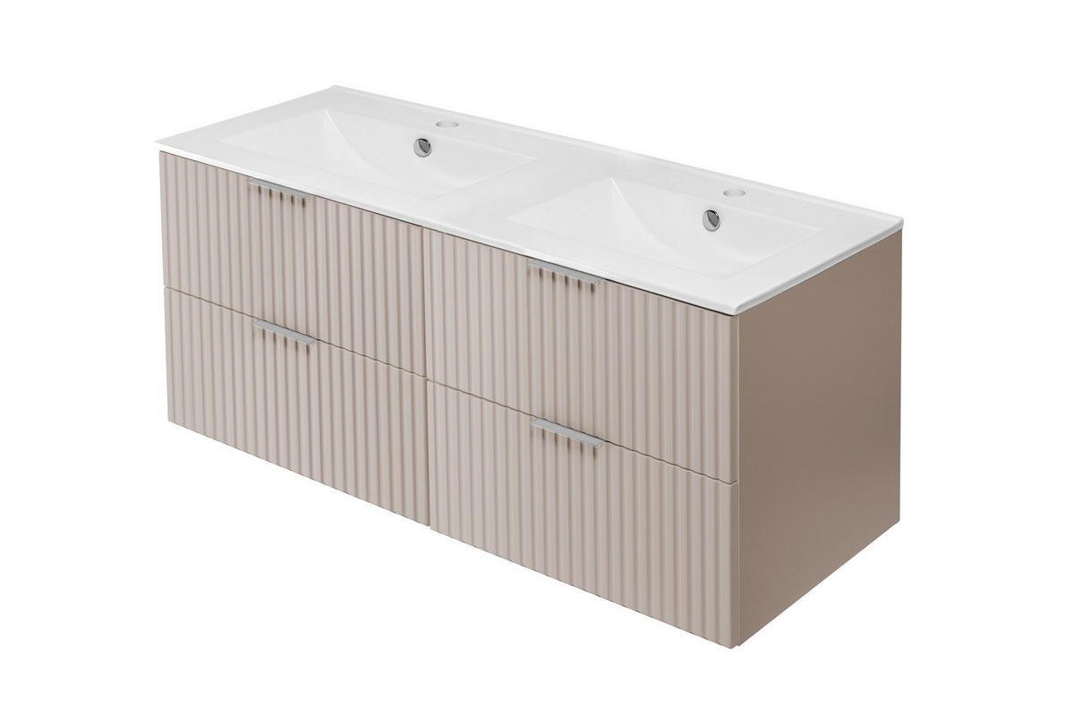 WASCHBECKUNTERSCHRANK, Kaschmir, 120 (2 x 60) x 57 x 46 cm, silberner Griff, ohne Arbeitsplatte - Beige/Silberfarben, Holzwerkstoff (120/57/46cm) - 3XE LIVING