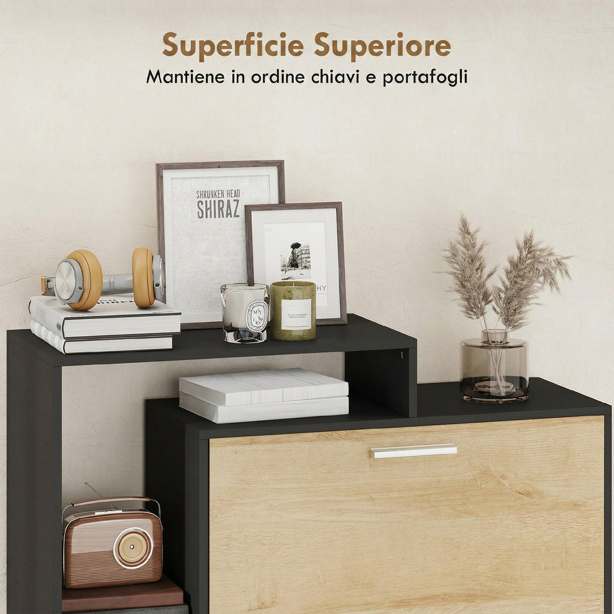 SCHUHSCHRANK,2 Klappschubladen Regalböden,schwarz-naturholz - Schwarz, Holzwerkstoff (80/90/26cm) - Vallsero