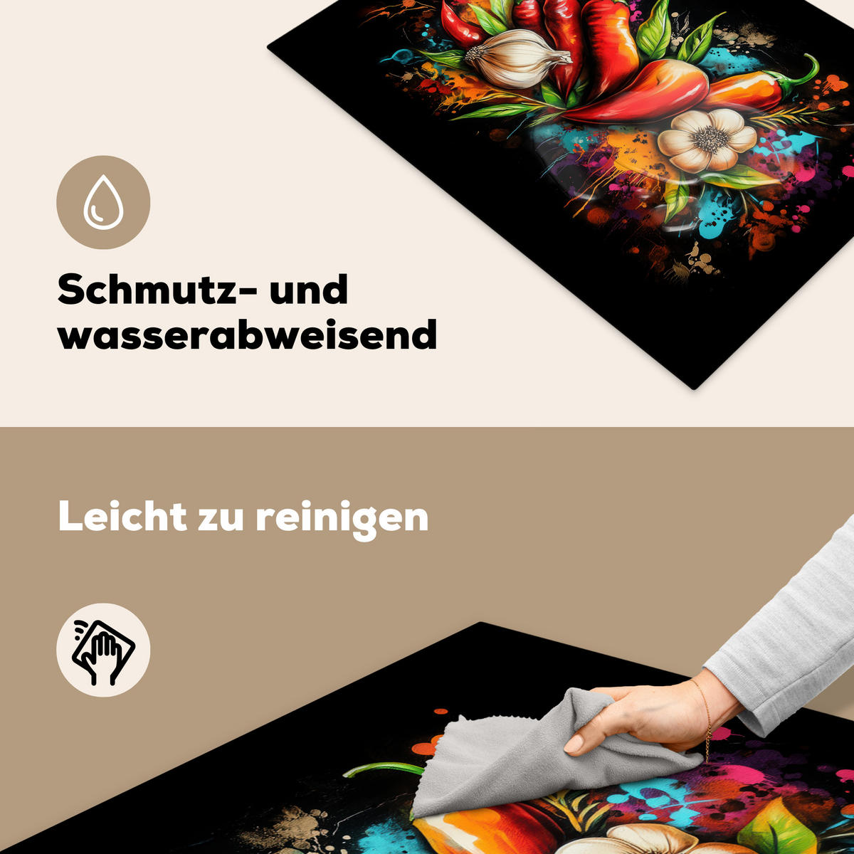 HERDABDECKPLATTE Gemüse - Paprika - Knoblauch - Graffiti - Farbe - Bunt 75x52 cm - Rot, Kunststoff (75/52/0.2cm) - MuchoWow