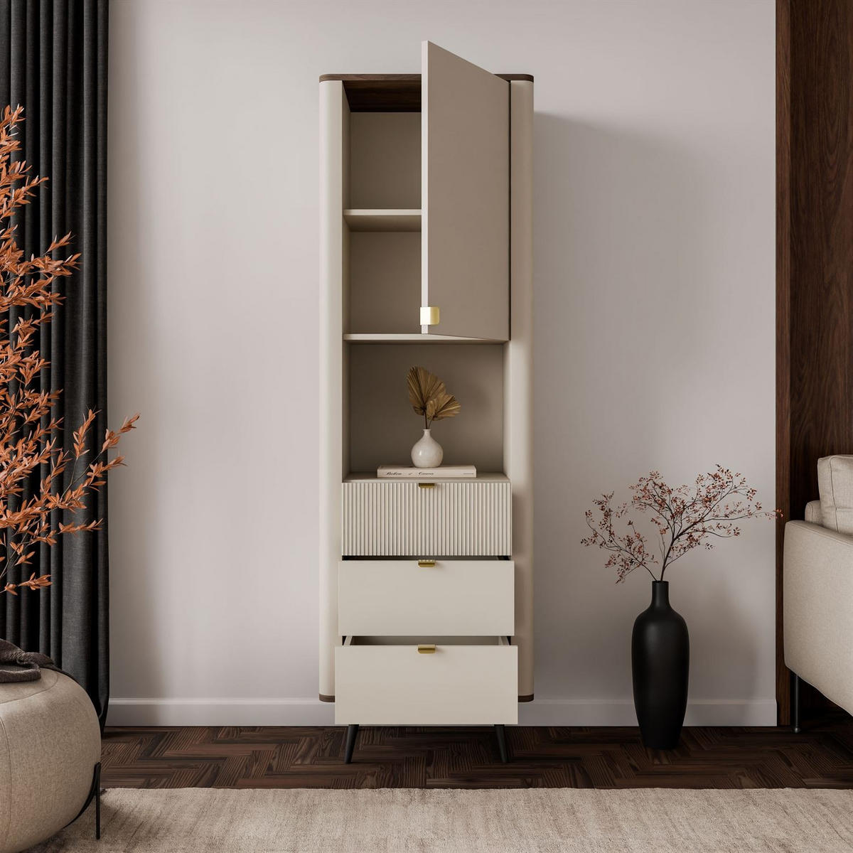 REGAL schmal AUTUMN 1D3S mit Schubladen, Kaschmir / Nussbaum - Beige, Holzwerkstoff (60/191/40cm) - Lookway