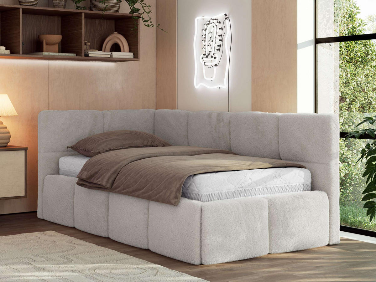 JUGENDBETT ARVO 90/200 - Hellgrau Plüsch - Pocket-Matratze - Links Seite - Hellgrau, Textil (90/200cm) - MKS