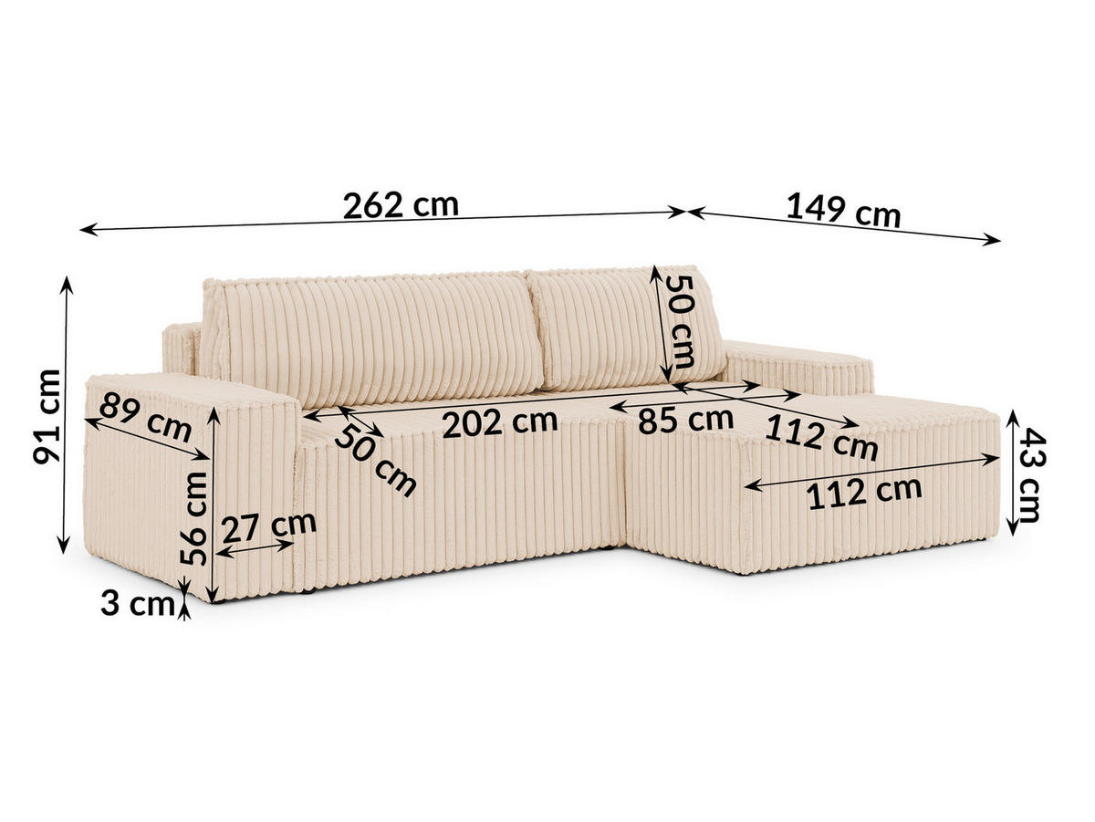 ECKSOFA Rivio mit Schlaffunktion und Bettkasten, Plüschcord Hellbeige - Beige/Schwarz, Holz/Kunststoff (262/149cm) - S-Style