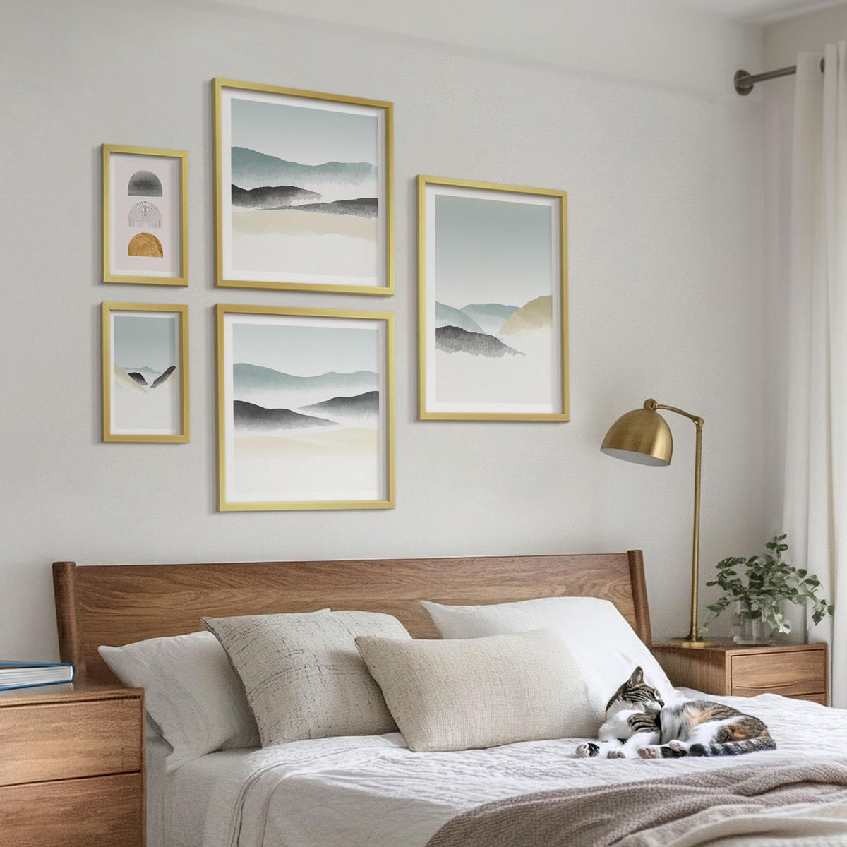 BILDER SET 5er Set - 50x50 cm & 20x30 cm & 40x60 cm Goldrahmen - Wellen – Japanische Kunstgrafik - Goldfarben, Kunststoff (40/60cm) - TULUP