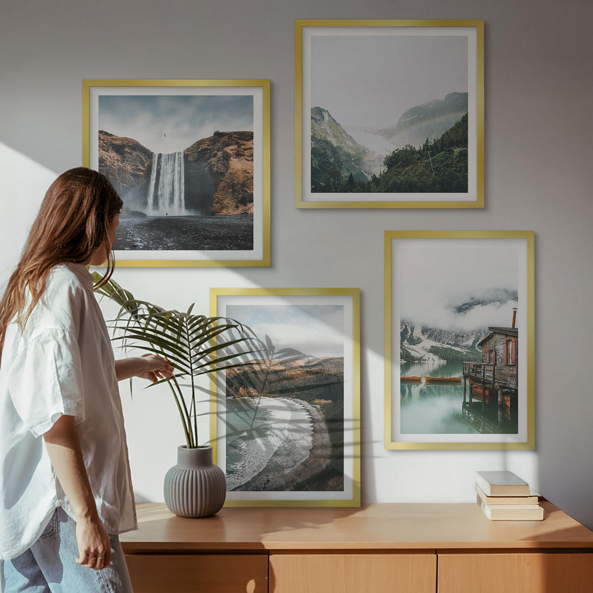 WANDBILDER 4er Set - 50x50 cm & 40x60 cm Goldrahmen - Bergstrände Wolken Wasser - Goldfarben, Kunststoff (50/50cm) - ArtPrintCave