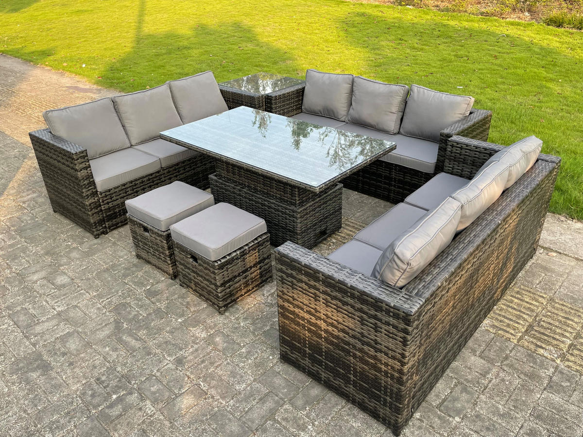 GARTENMÖBEL SET mit Beistelltisch Polyrattan 11-Sitzer - Dunkelgrau/Grau, Glas/Kunststoff - Fimous