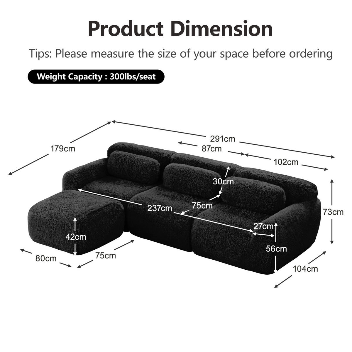 ECKSOFA 291/179/73 cm schwarz aus Plüsch rahmenlos und modular - Schwarz, Textil (179/291cm) - OKWISH