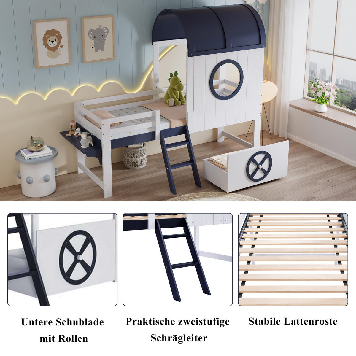 HAUSBETT 90/200 cm in Weiß/Dunkelblau mit Schublade und Dach - Weiß, Holzwerkstoff (90/200cm) - Flora Grace