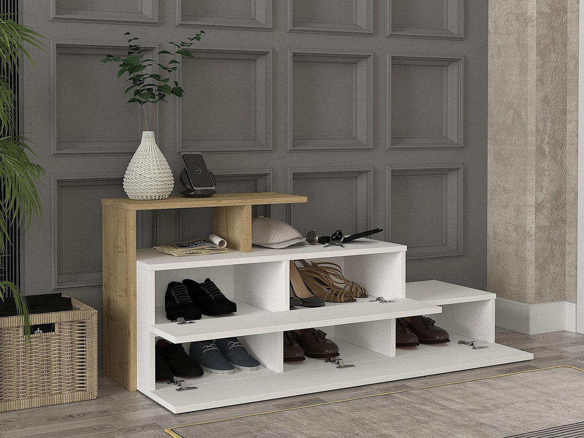 SCHUHSCHRANK - 129.8 cm x 36.8 cm - holz - naturfarben hell, weiß Davista - Weiß, Holz (129.8/55.1/36.8cm) - Vente-Unique