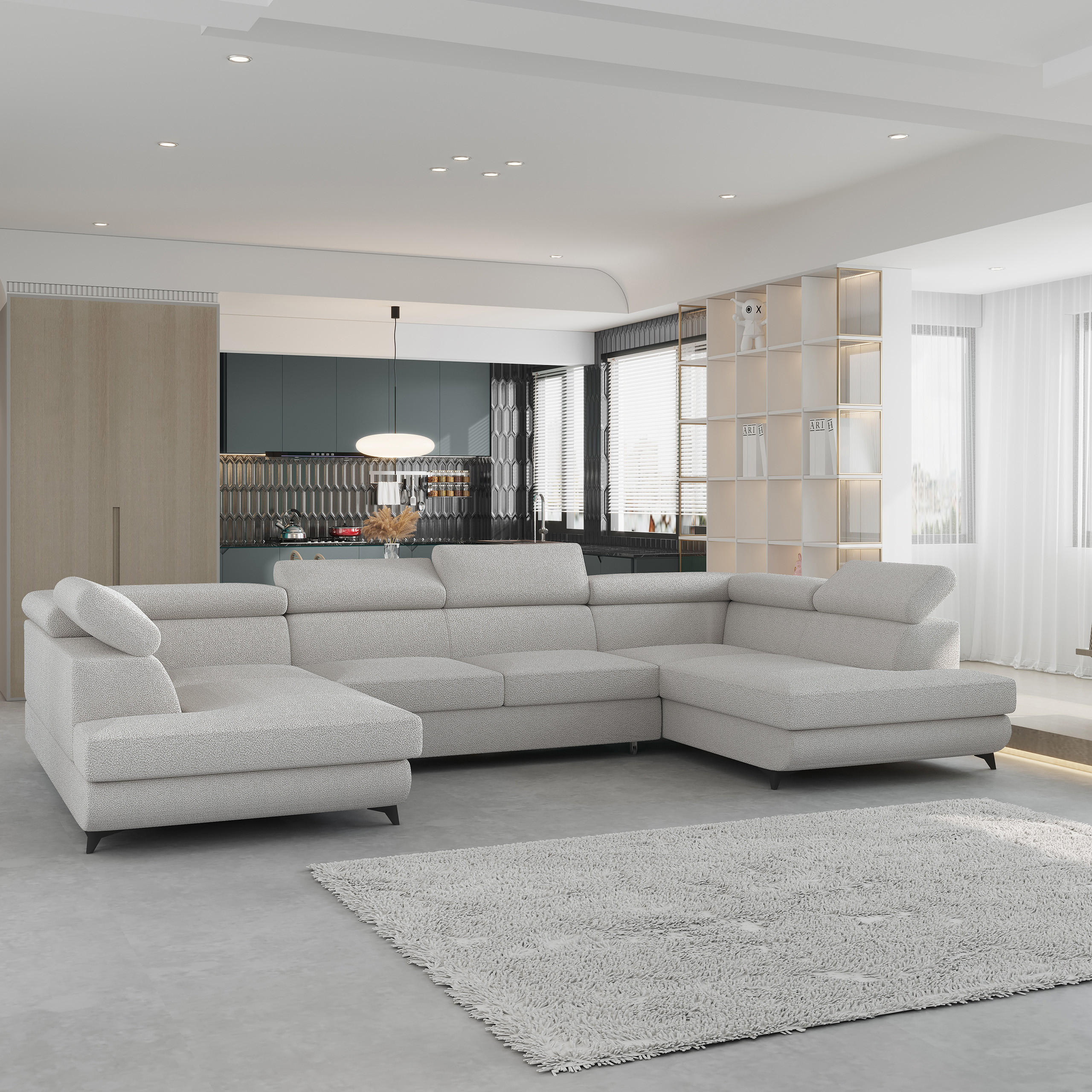 WOHNLANDSCHAFT VINTESSA Hellgrau Boucle-Stoff mit Schlaffunktion - Hellgrau, Holz (323/89/190cm) - MASSENO