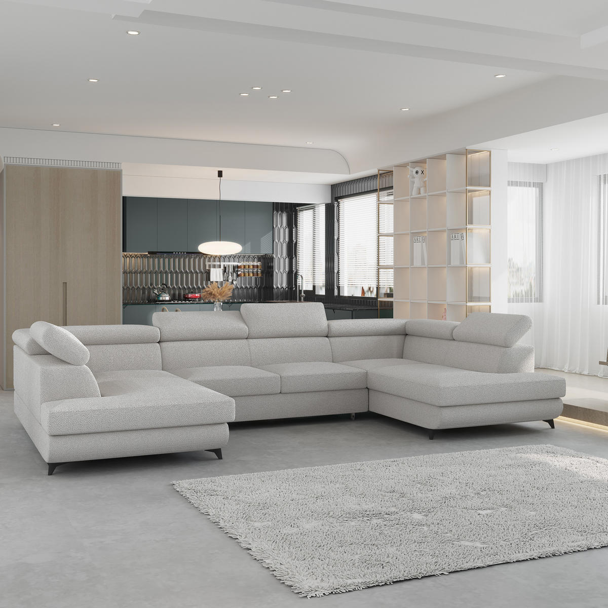 WOHNLANDSCHAFT VINTESSA Hellgrau Boucle-Stoff mit Schlaffunktion - Hellgrau, Holz (323/89/190cm) - MASSENO