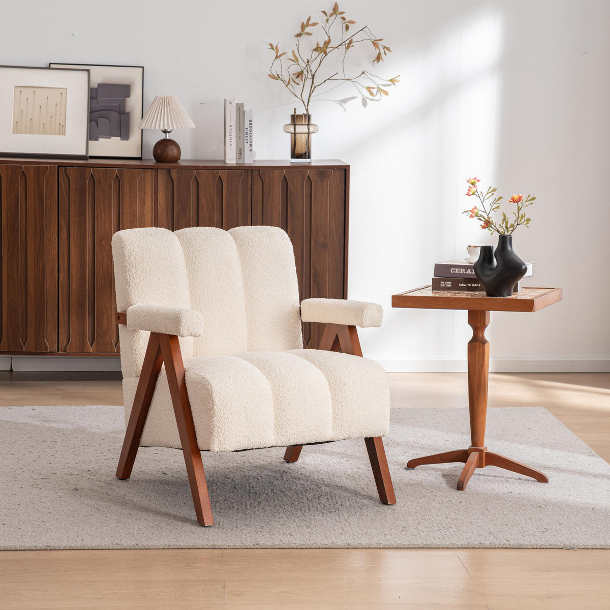 SESSEL Bouclé Beige mit Holzrahmen - Beige, Holz/Holzwerkstoff (77/77/68.5cm) - WISHDOR