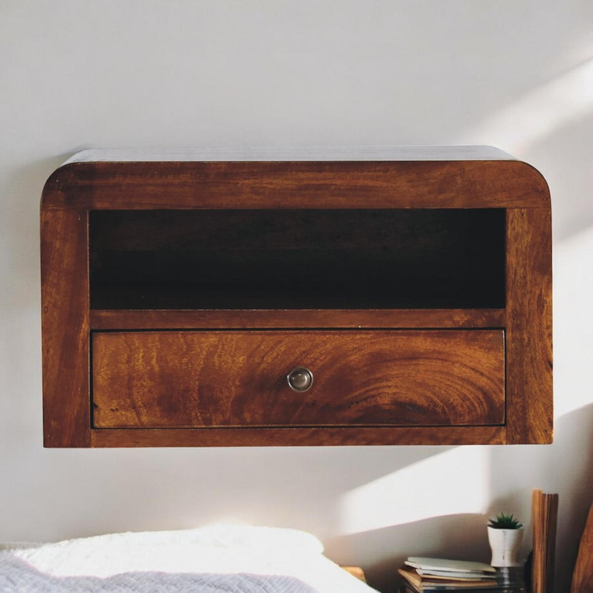 NACHTTISCH Chunky 1 Schublade Wandmontiert mit 1 offenem Regal - Messingfarben/Braun, Holz/Metall (45/25/30cm) - Artisan Furniture