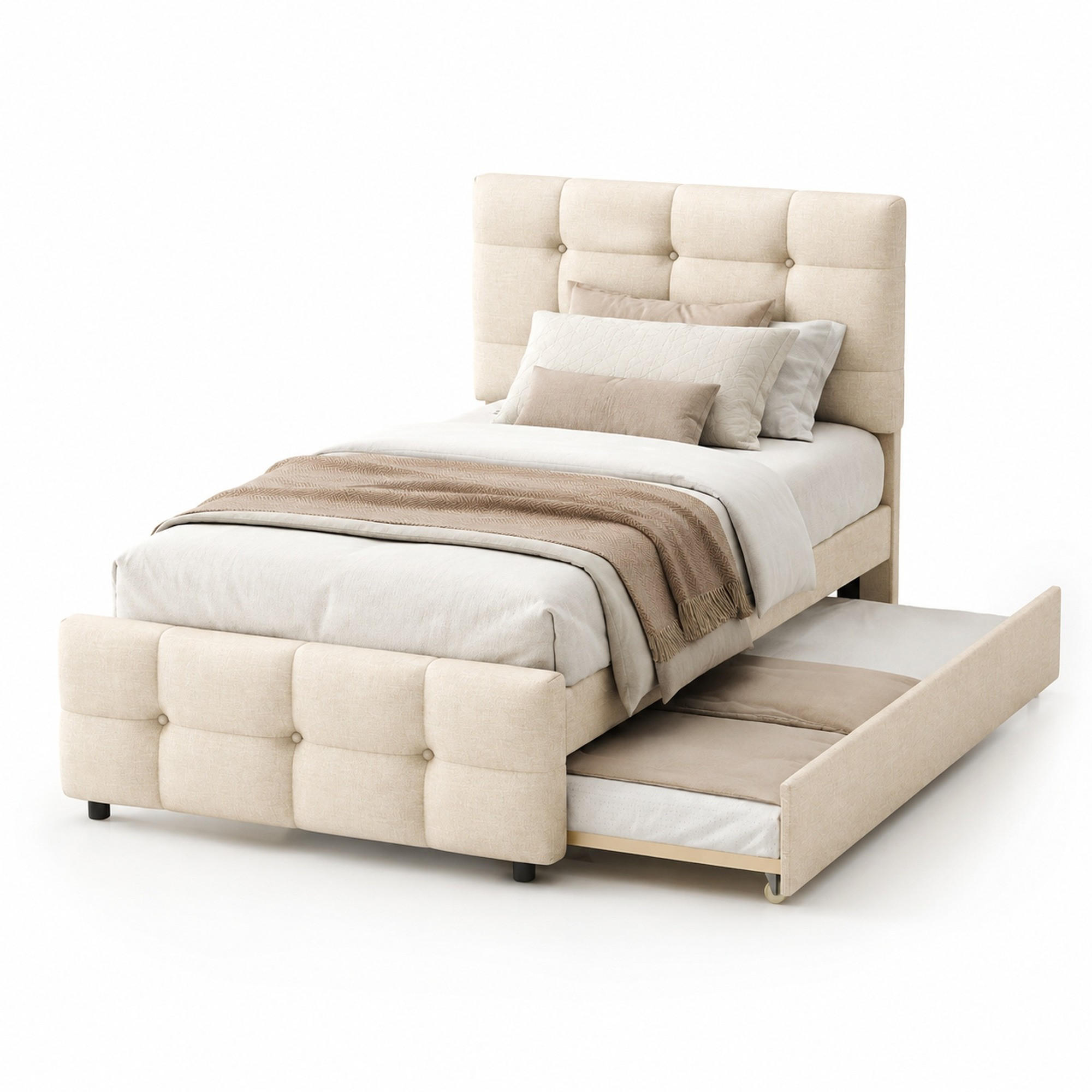 POLSTERBETT mit Ausziehbett 90x200 cm Leinen Beige - Beige, Holz (90/200cm) - Meubliv