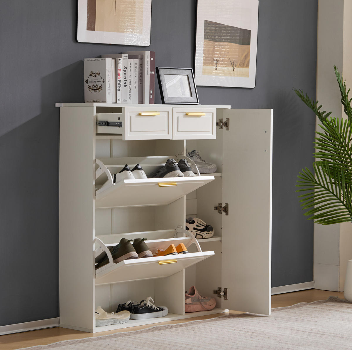 SCHUHSCHRANK mit Schubladen und verstellbaren Regalen 95 x 24 x 107,5 cm Weiß - Weiß, Holzwerkstoff (24/107/95cm) - Beauniv
