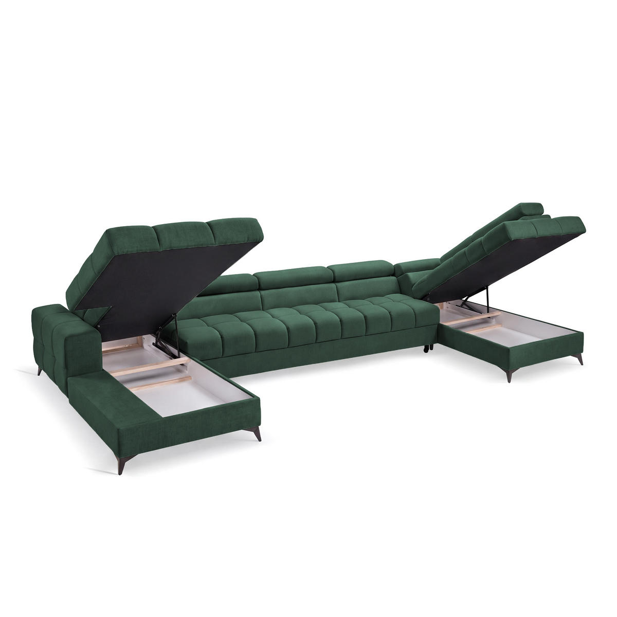 ECKSOFA PUDDING MAXI U Rechts mit Schlaffunktion 125x330 Velours Grün - Schwarz/Grün, Holz/Textil (421/203cm) - Muffo