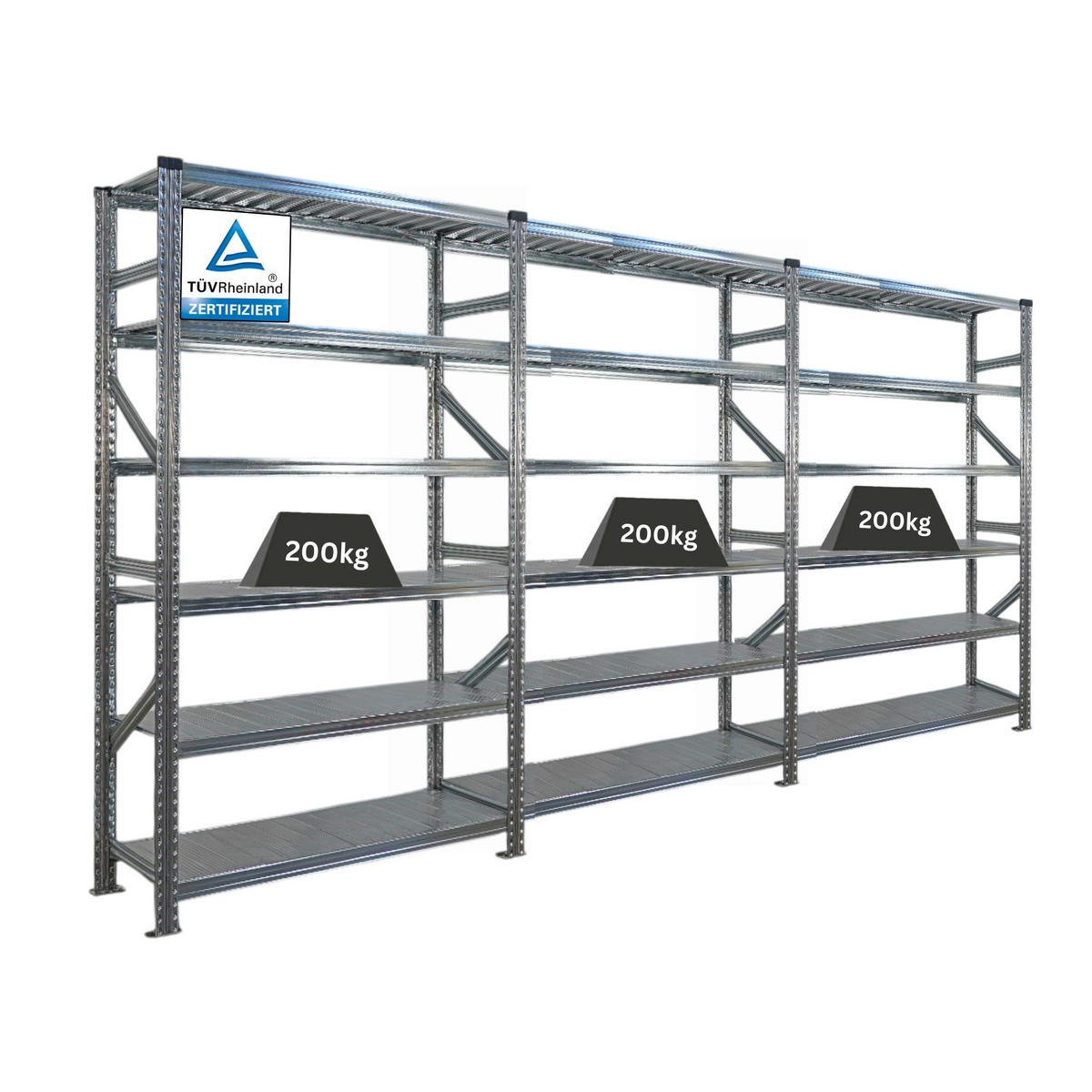 FACHBODENREGAL Proximo Stecksystem 210x360x50cm 6 Ebenen Beidseitig nutzbar Verzinkt - Silberfarben, Metall (360/210/50cm) - PROREGAL