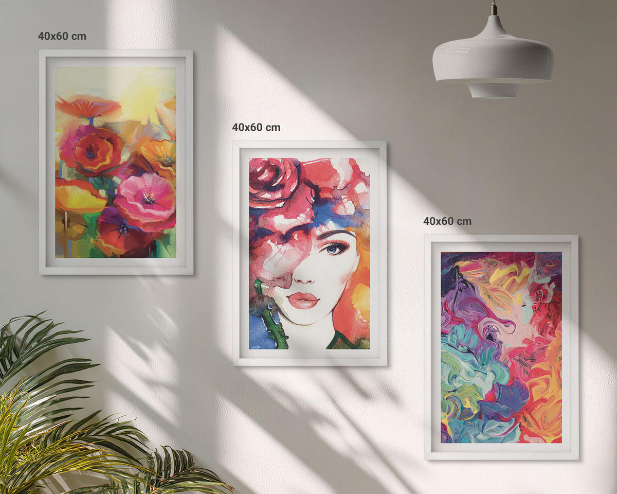 BILDER SET 3er Set - 40x60 cm Weißer Rahmen - Intensives Blumenporträt einer Frau - Weiß, Kunststoff (40/60cm) - TULUP