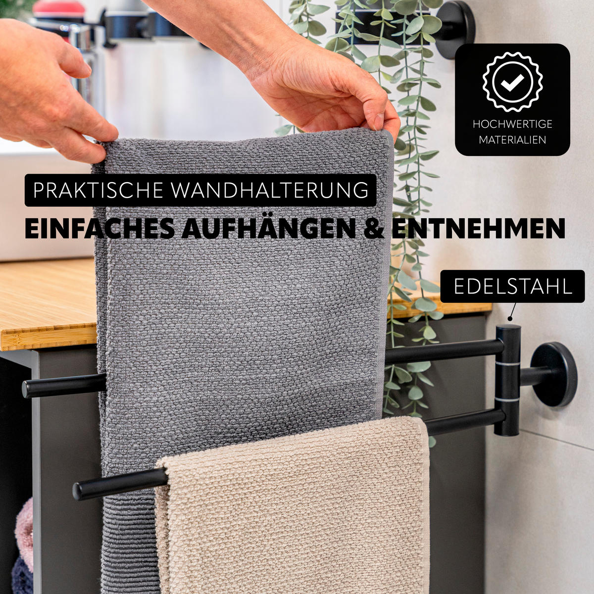 HANDTUCHSTANGE PIAZZA BLACK, schwarz, inkl. Klebeset - Schwarz, Metall (5.8/10/50cm) - bremermann