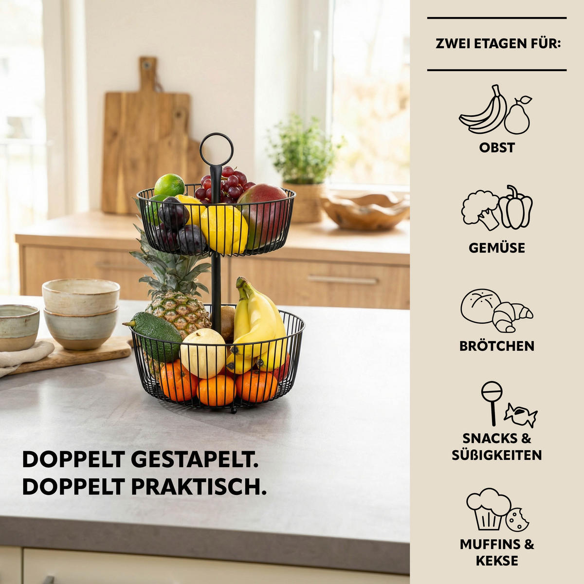 OBSTETAGERE, 2-stöckig, rund, Metall, Schwarz - Schwarz, Metall (43cm) - eluno