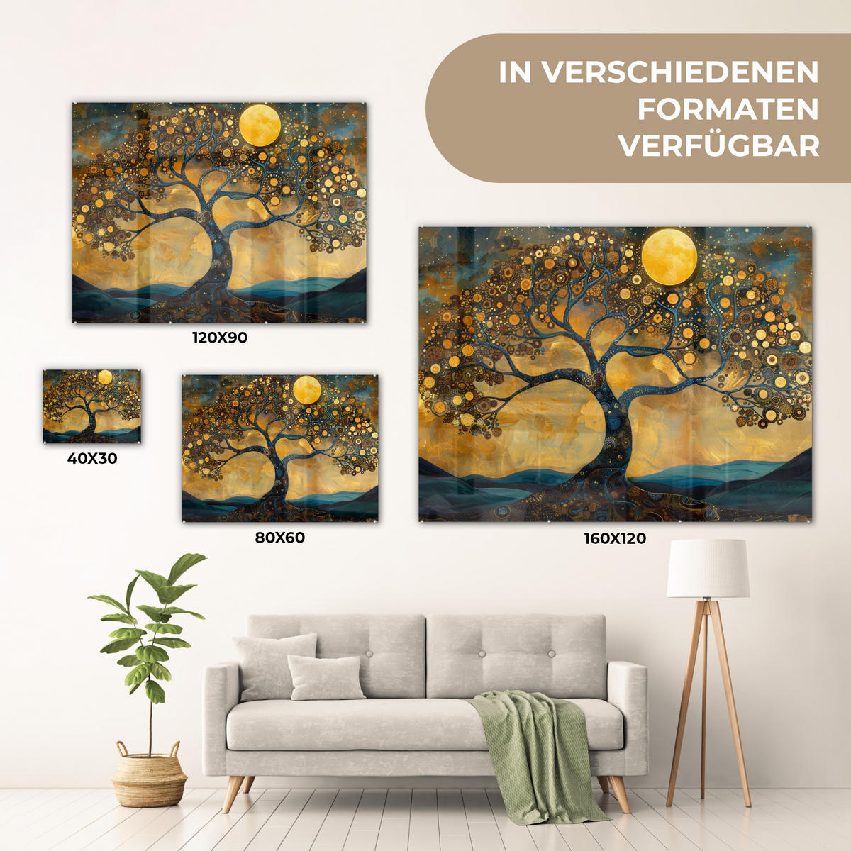 ACRYLGLASBILD Baum - Mond - Blumen - Gold - Kunst 80x60 cm - Orange, Glas (80/60cm) - MuchoWow