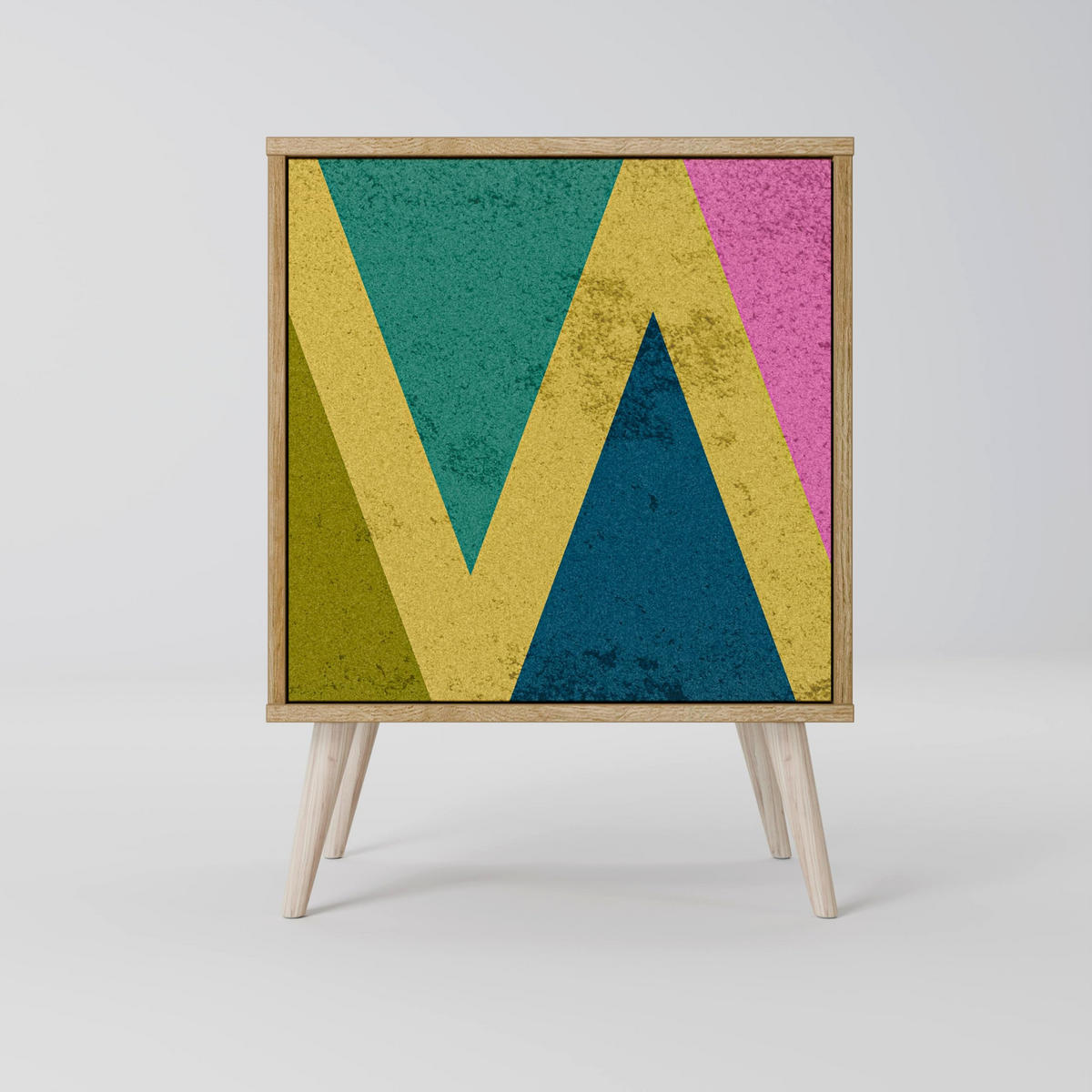 SIDEBOARD COLORFUL TRIANGLES, Grau, 57,5x42x75,5 cm, Goldfarbene Metallfüße - Goldfarben/Multicolor, Holzwerkstoff/Metall (57.5/75.5/42cm) - SpaceRebels